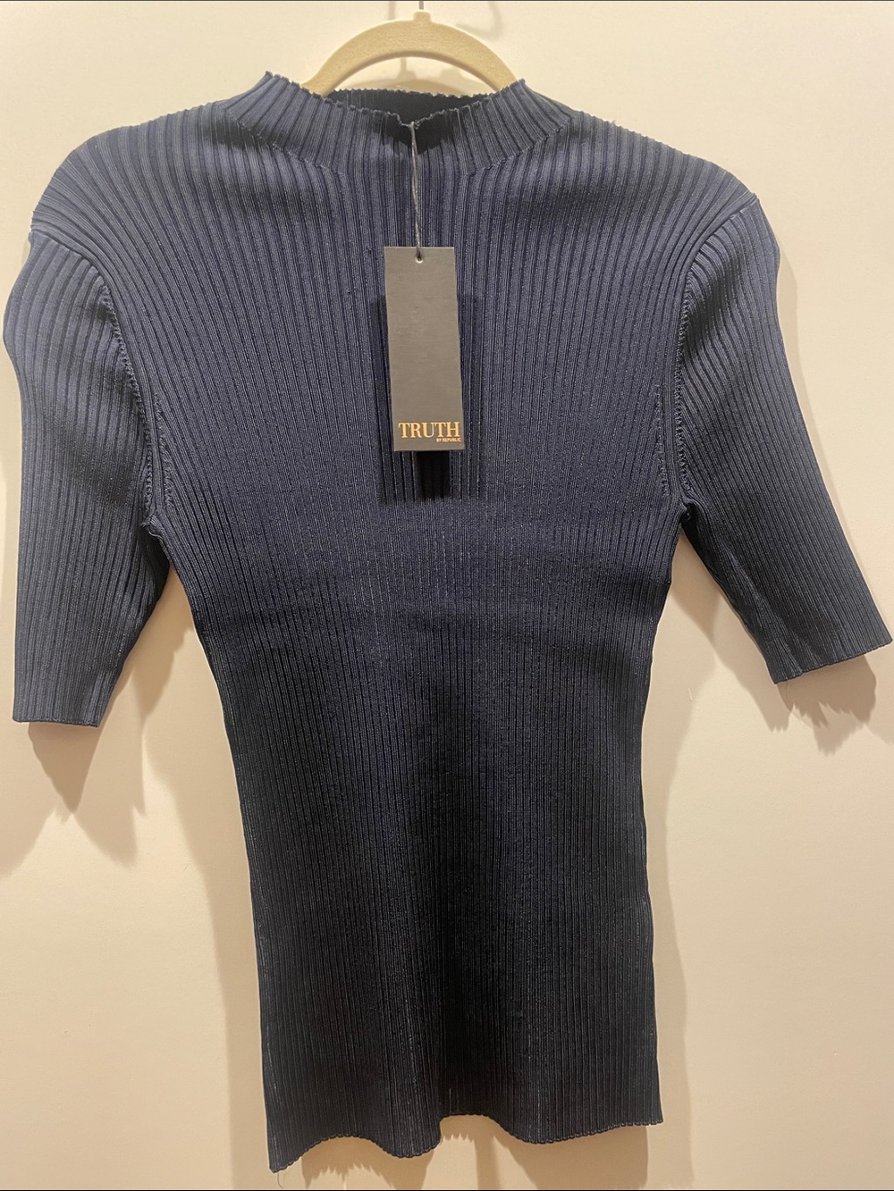 TRUTH Navy Ribbed Mock-Neck Short Sleeve Sweater